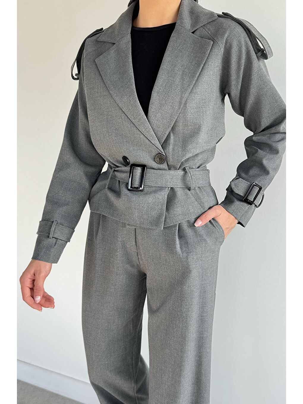 Gri Kadın Astarlı Kemer Detaylı Blazer Ceket Pantolon İkili Takım - S000482962-29351