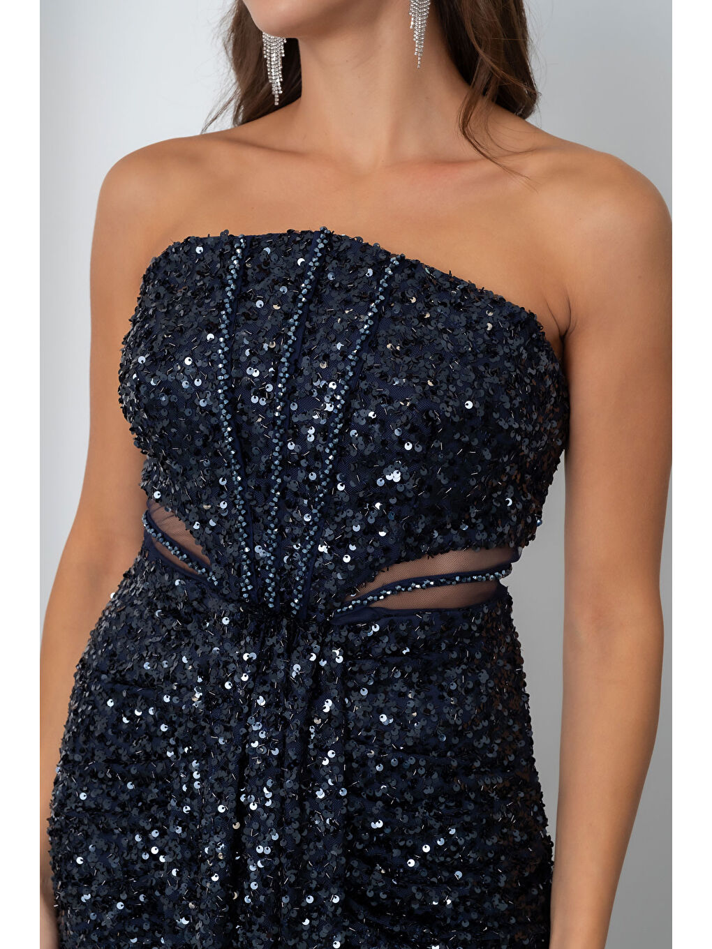 Kadın Lacivert Straplez Yırtmaçlı Uzun Abiye Elbise-2