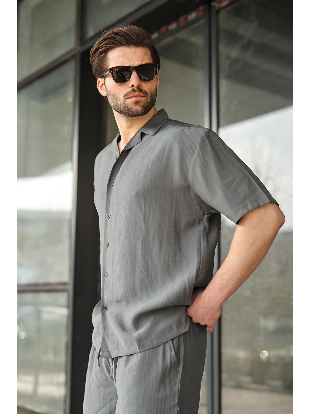 Gri Füme Kumaş Erkek Şort Gömlek Takım E7352-5