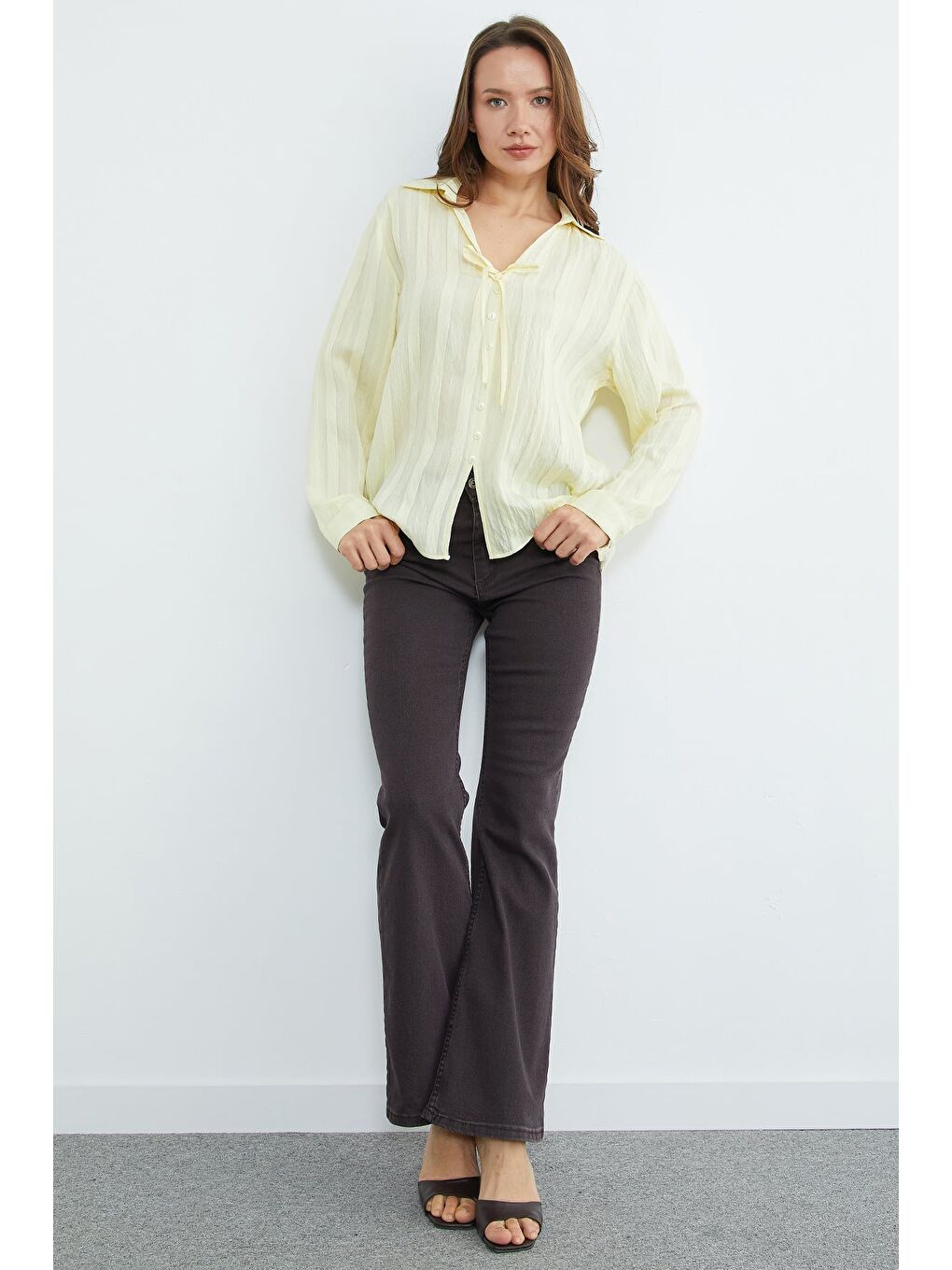 Sarı Önü Bağlamalı Düğmeli Salaş Gömlek-3