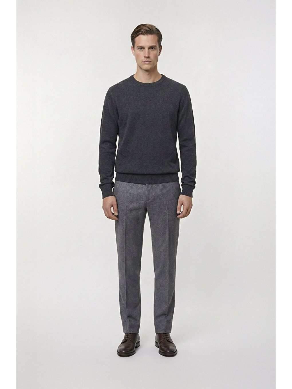 Antrasit Standart Fit Yün Karışımlı Bisiklet Yaka Düz Erkek Triko Kazak-1