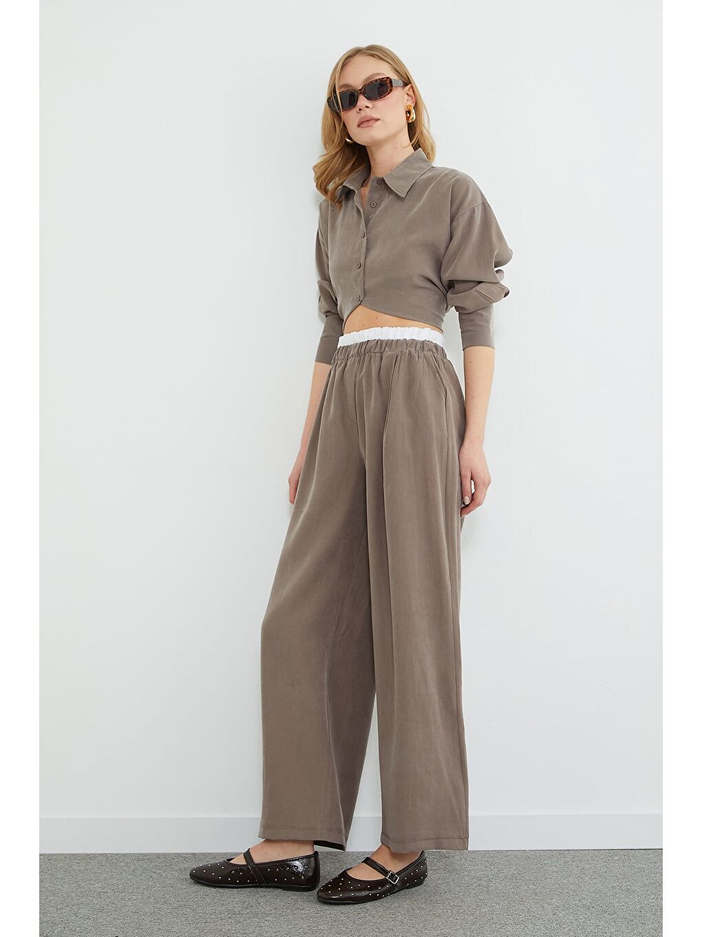 Bej Beli Garnili Lyocell Kumaş Pantolon-3