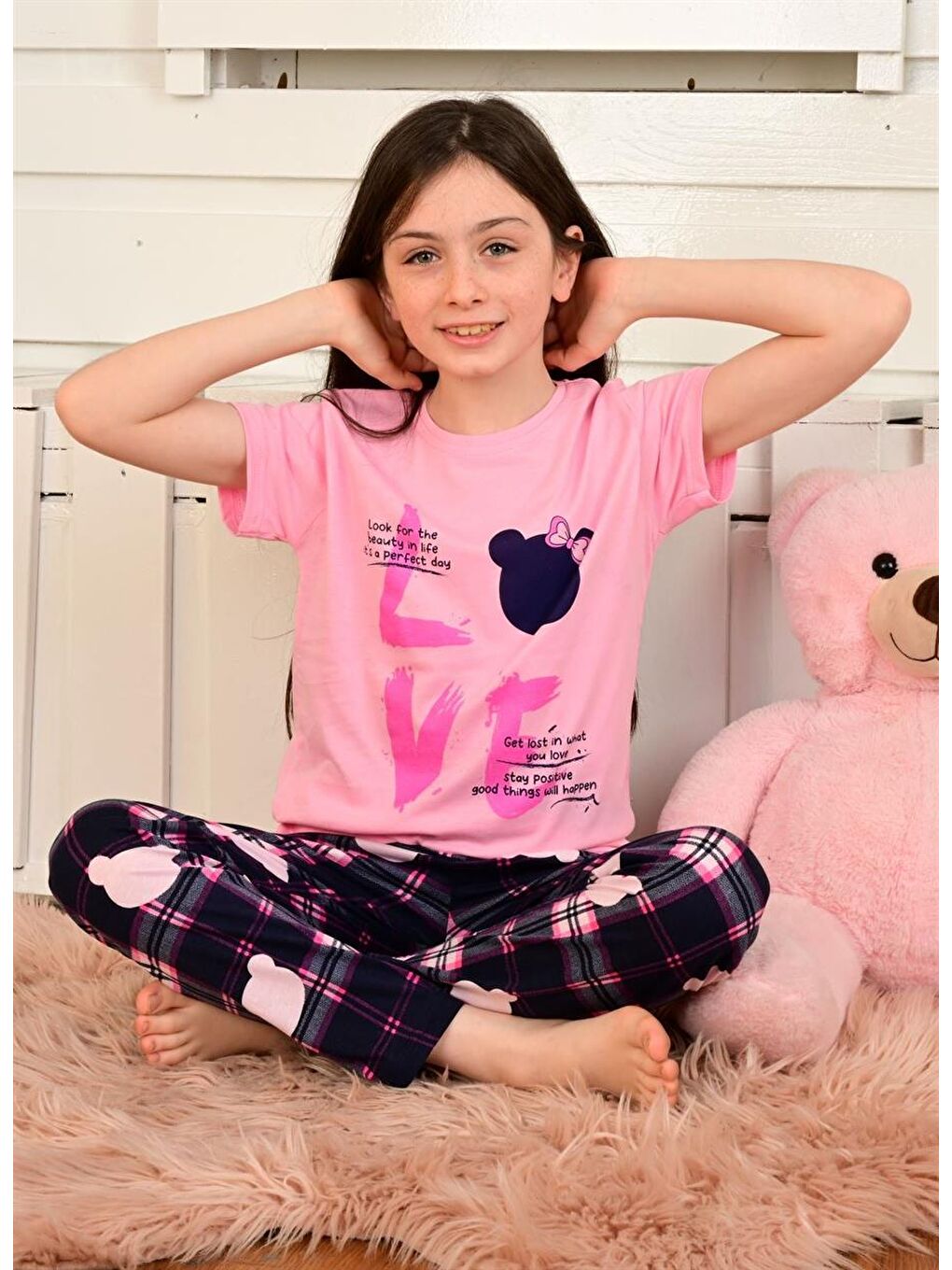 Kız Çocuk Kısa Kollu Pijama Takımı Love Bear Pembe-3
