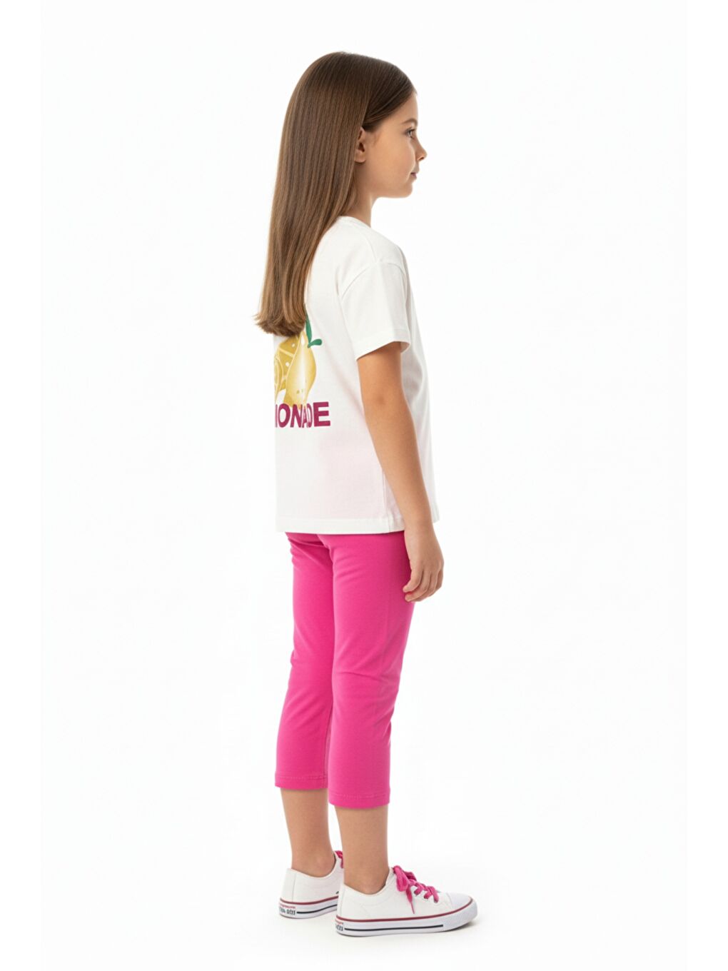 Ekru Kız Çocuk 2'li Kapri Tatylı Takım Bisiklet Yaka Kısa Kollu Baskılı Tişört - Beli Lastikli Kapri Tayt-2