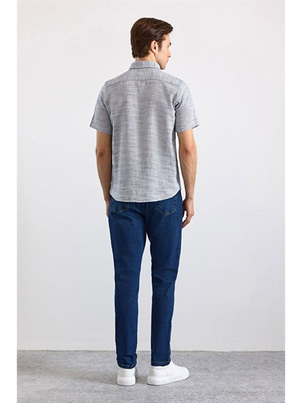 Lacivert Regular Düğmeli Yaka Düz Düz Kapaksız Cep Düğmeli Kısa Kollu Standart Casual Gömlek-3