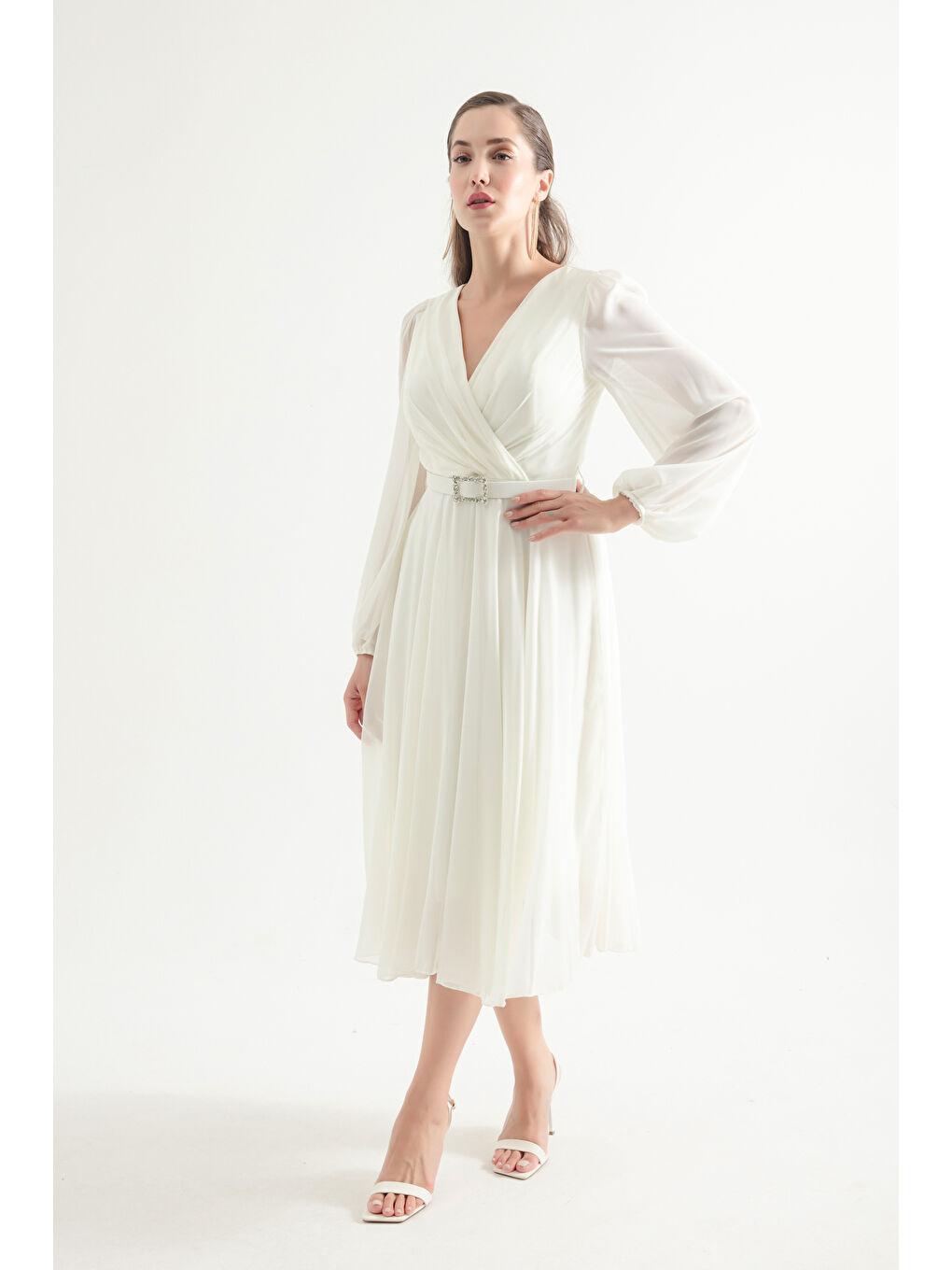 Kadın Beyaz Kemerli Midi Şifon Abiye Elbise-1