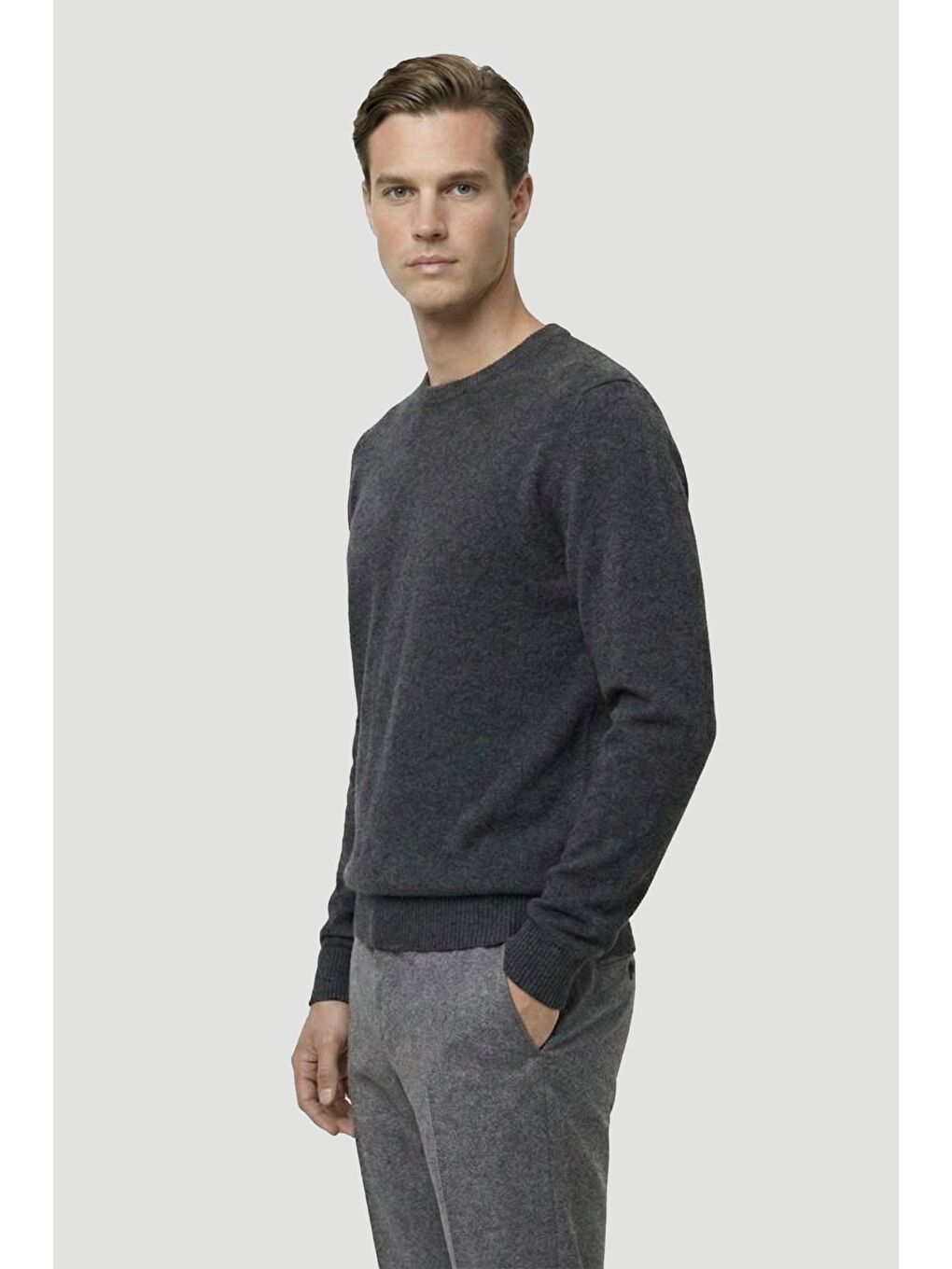 Antrasit Standart Fit Yün Karışımlı Bisiklet Yaka Düz Erkek Triko Kazak-2