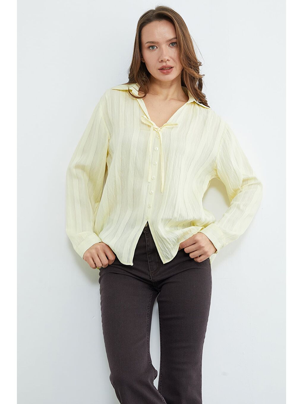 Sarı Önü Bağlamalı Düğmeli Salaş Gömlek-4