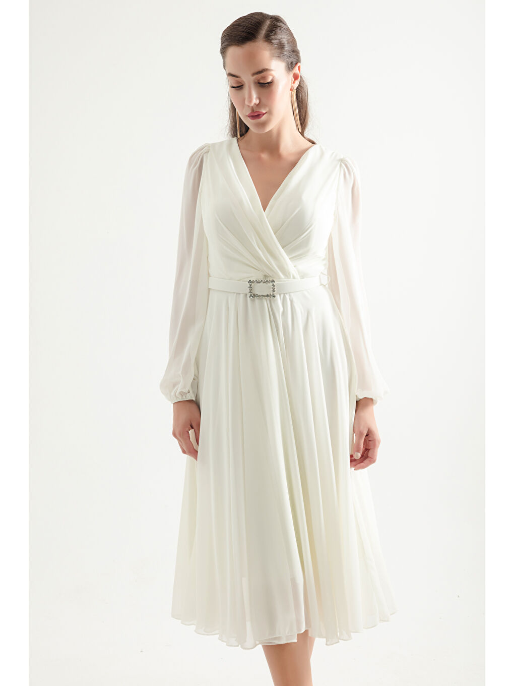 Kadın Beyaz Kemerli Midi Şifon Abiye Elbise-2