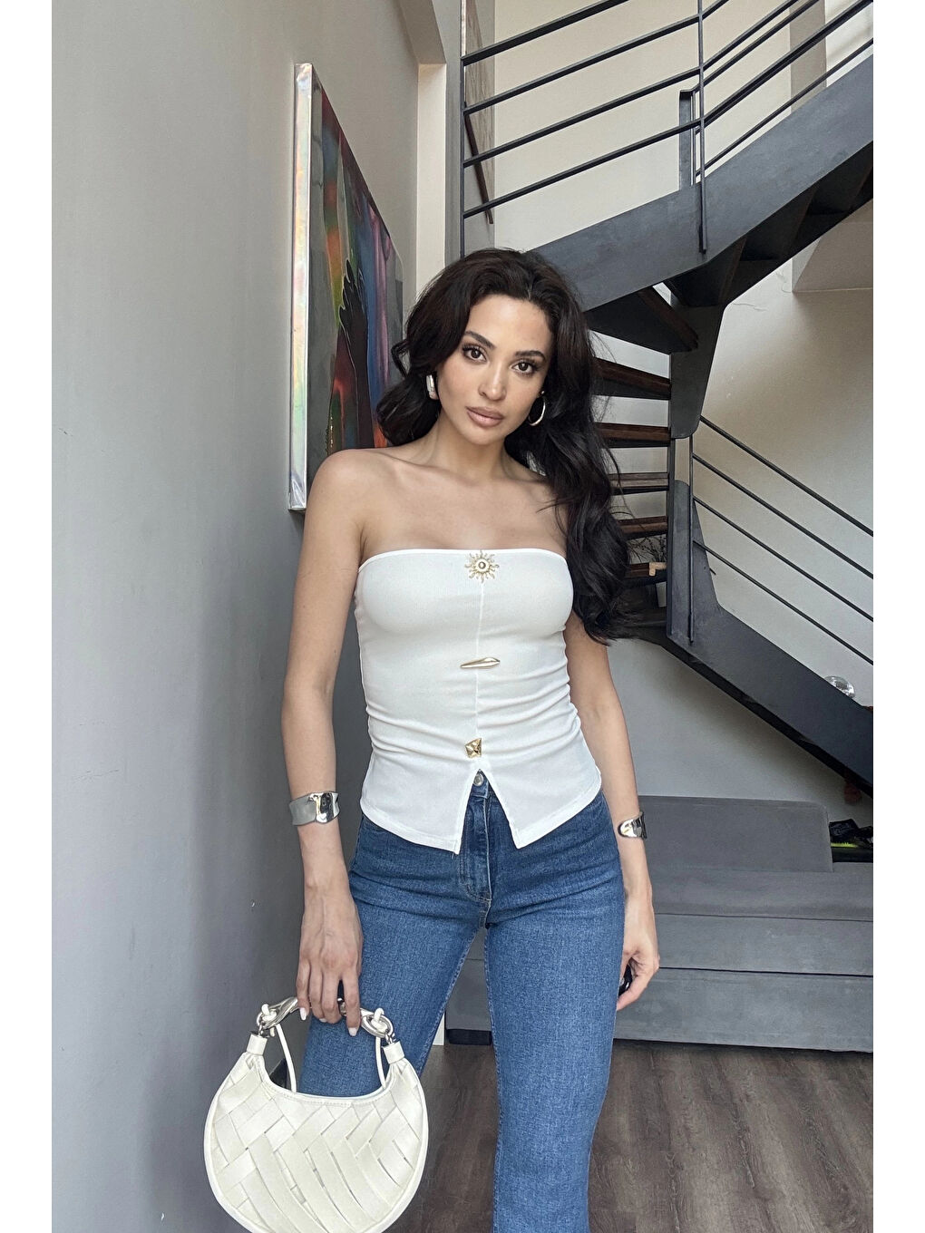 Kadın Beyaz Aksesuarlı Crop 13684-2