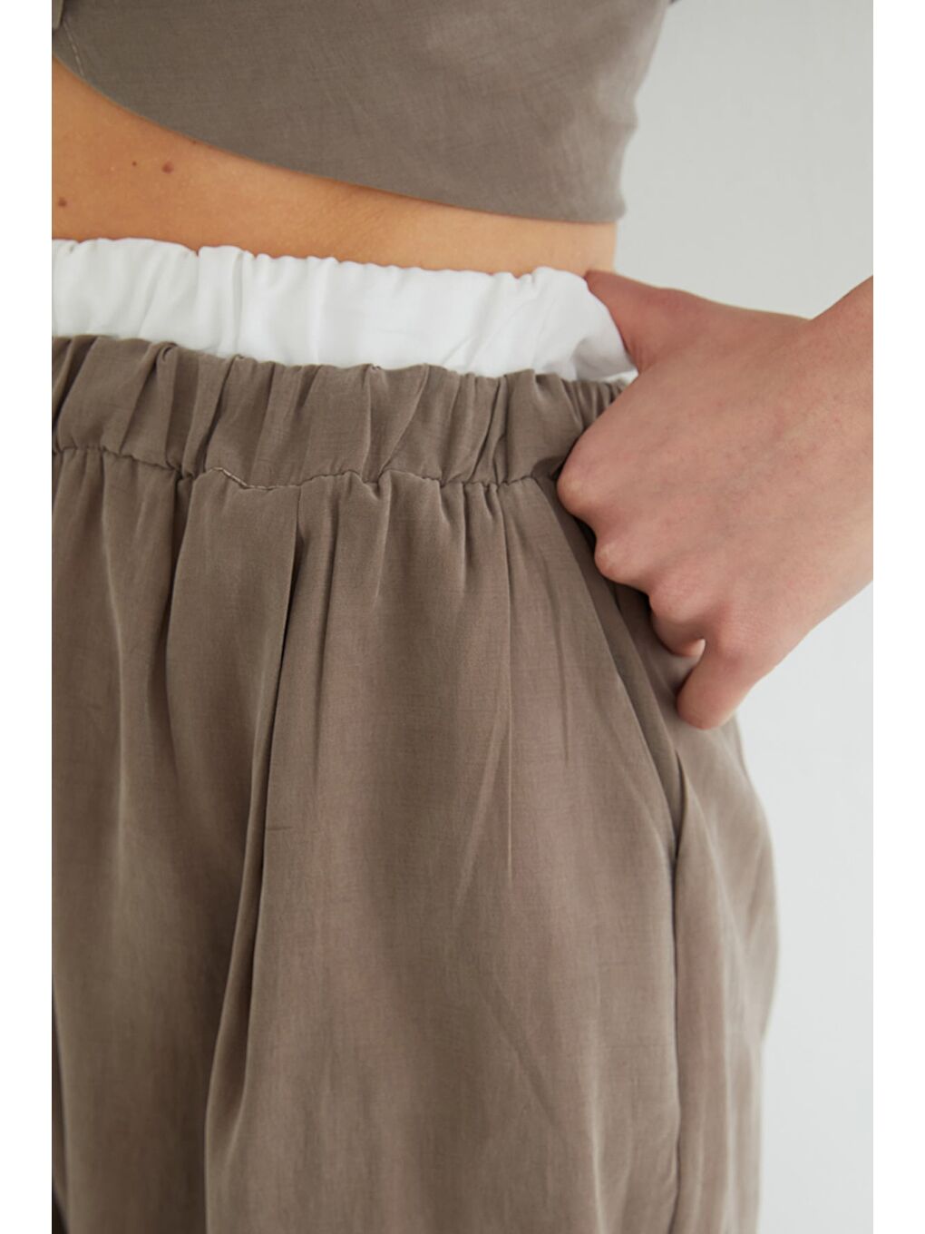 Bej Beli Garnili Lyocell Kumaş Pantolon-4