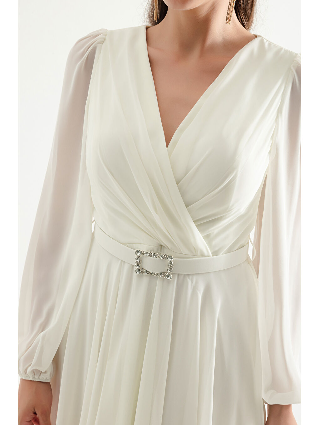 Kadın Beyaz Kemerli Midi Şifon Abiye Elbise-3