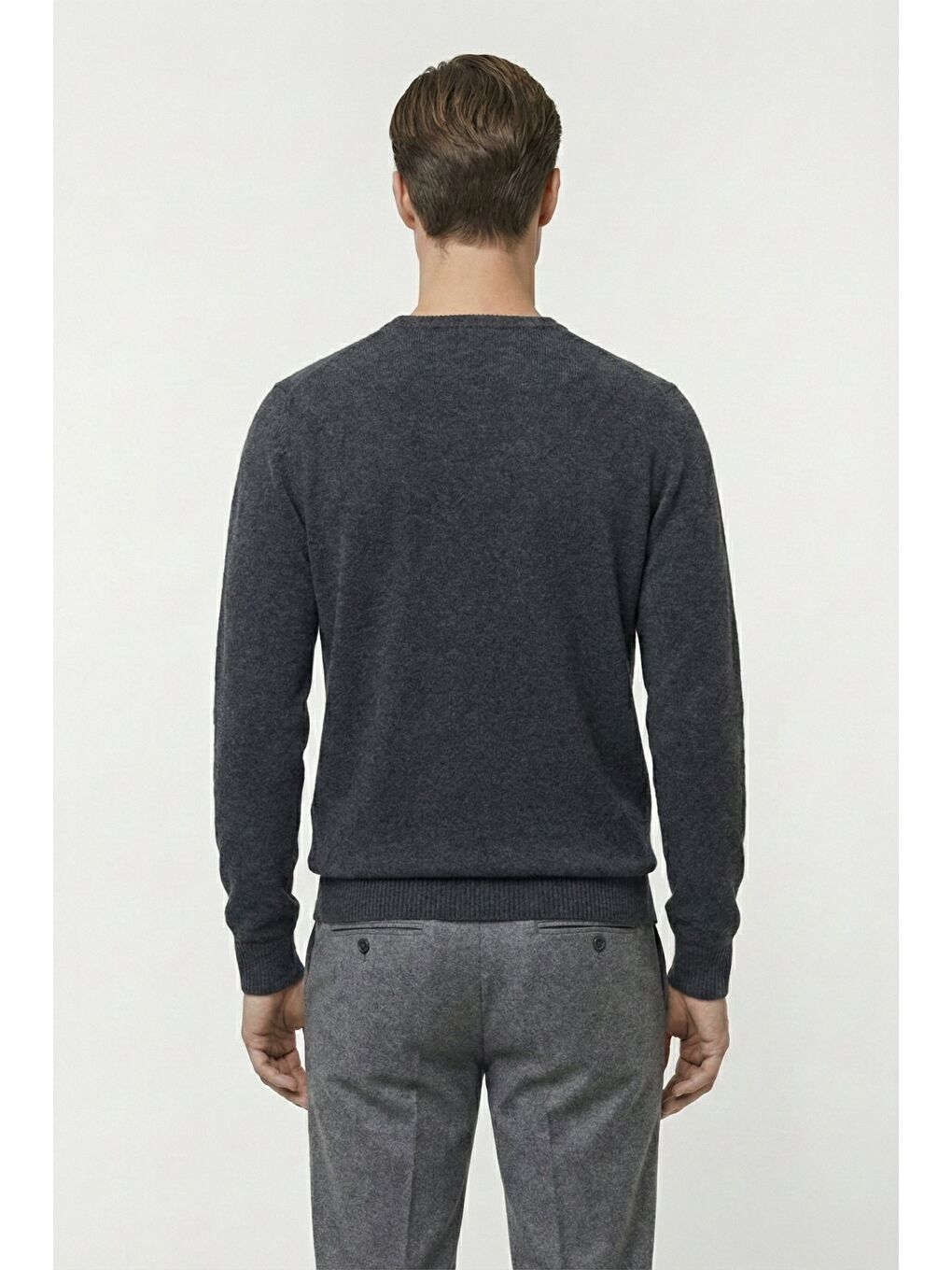 Antrasit Standart Fit Yün Karışımlı Bisiklet Yaka Düz Erkek Triko Kazak-3