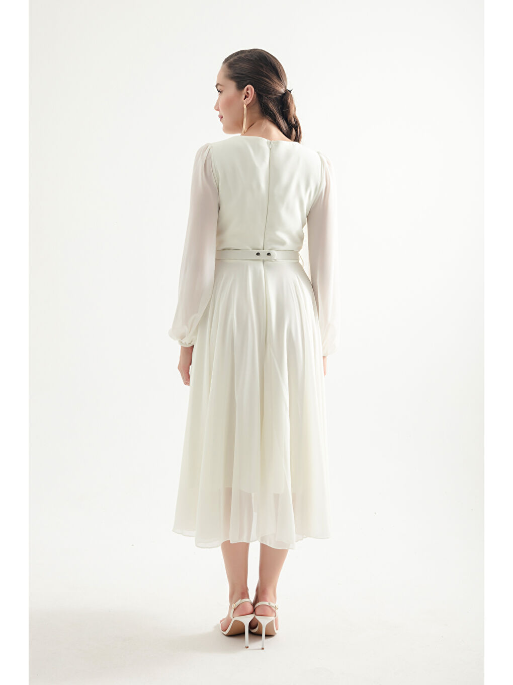 Kadın Beyaz Kemerli Midi Şifon Abiye Elbise-4