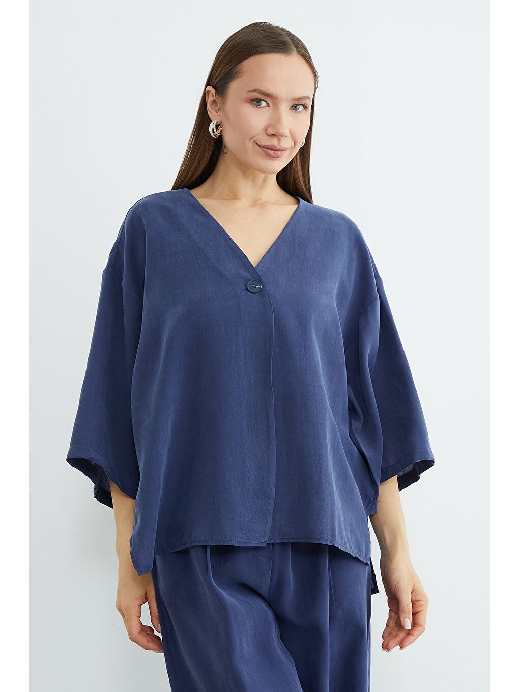 Lacivert Tek Düğmeli Lyocell Kumaş Oversize Ceket-1