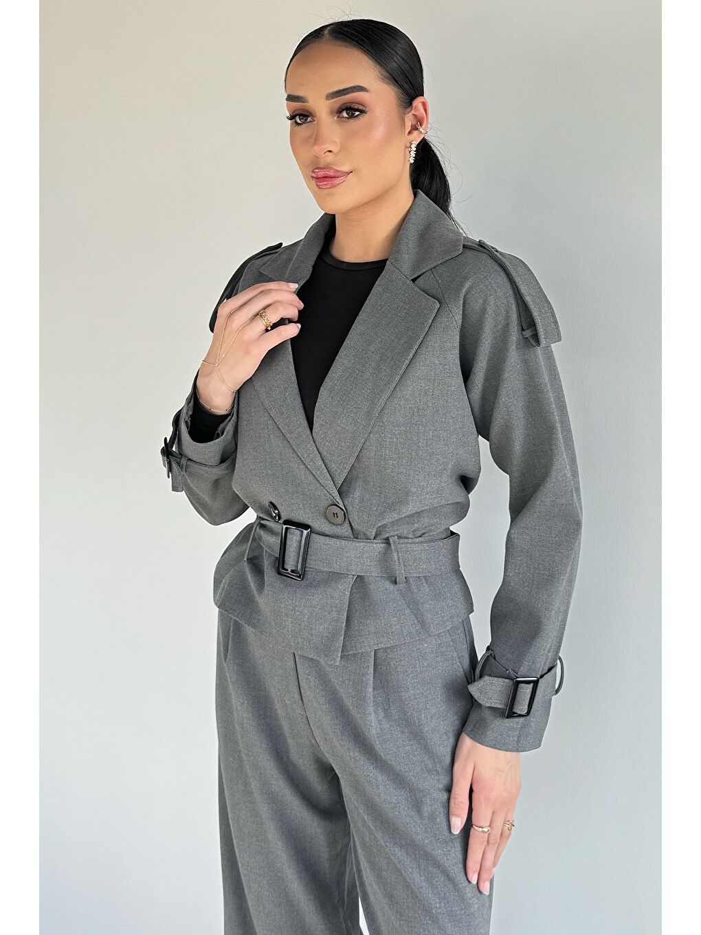 Gri Kadın Astarlı Kemer Detaylı Blazer Ceket Pantolon İkili Takım - S000482962-29351-1
