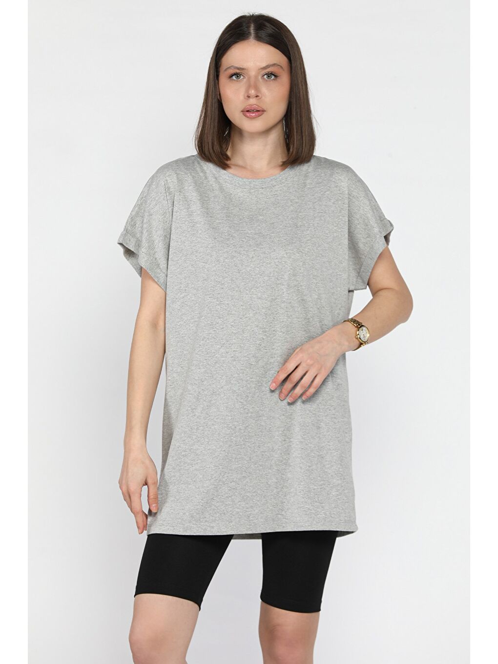 Gri Kol Katlamalı Bisiklet Yaka Kadın Uzun Tişört (m-l-xl Uyumludur)