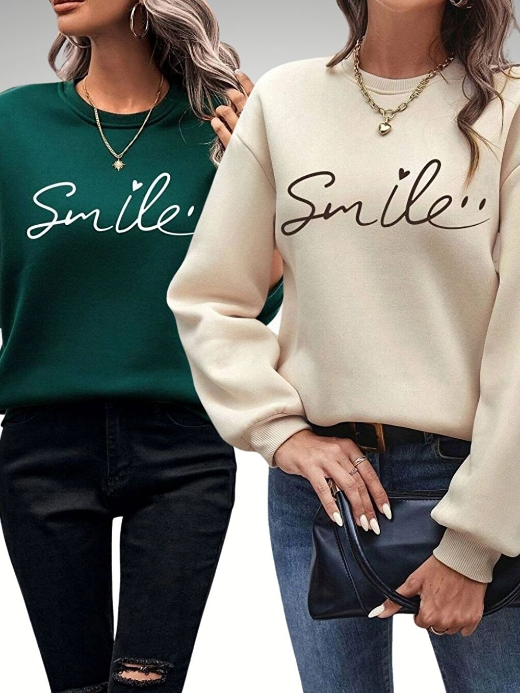 2Li Set Nefti+Bej Smile Baskılı Bisiklet Yaka Oversize Sweatshirt