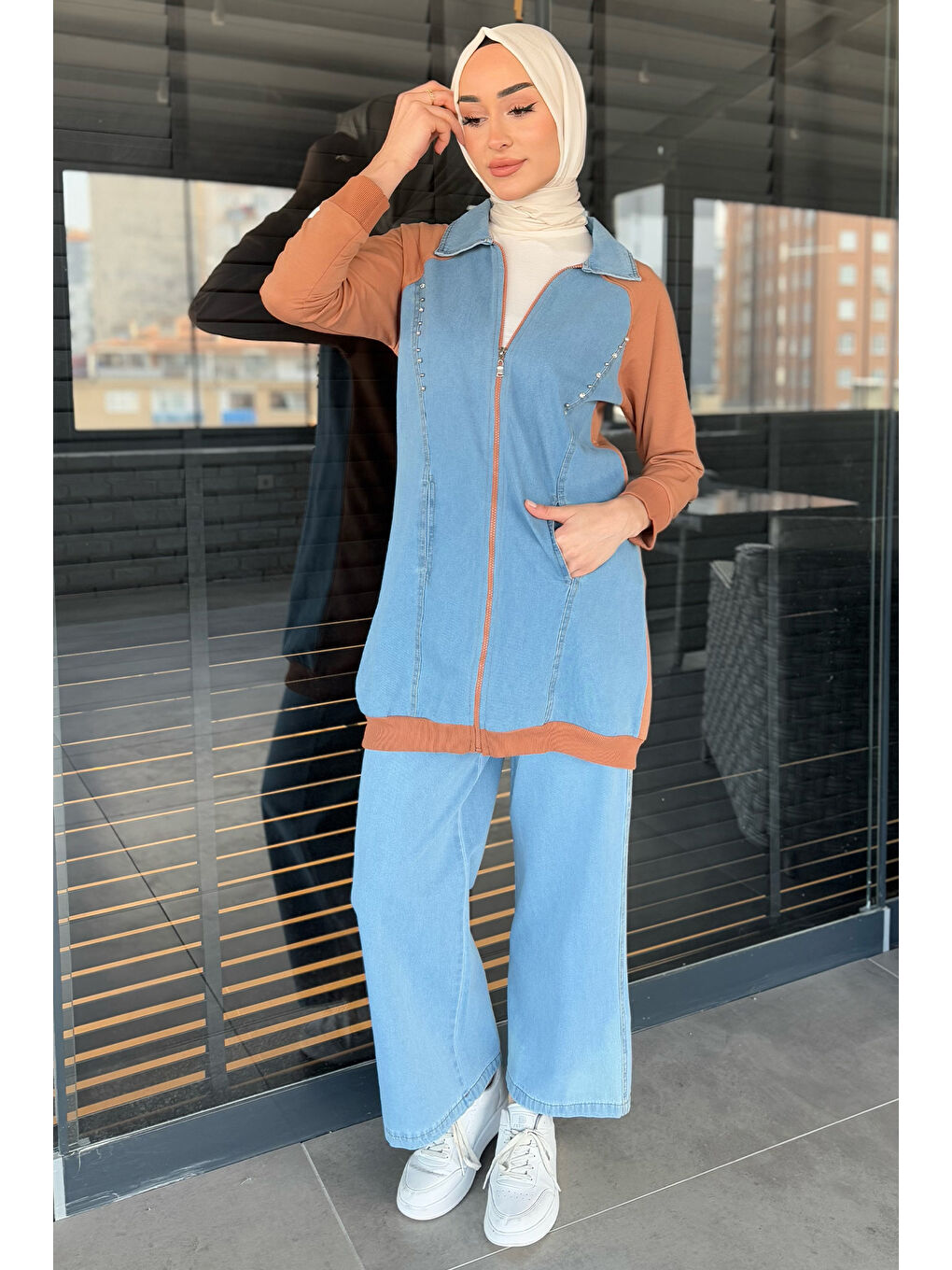 Ekru Kadın Jean Garnili Taşlı Tunik Pantolon Tesettür İkili Takım