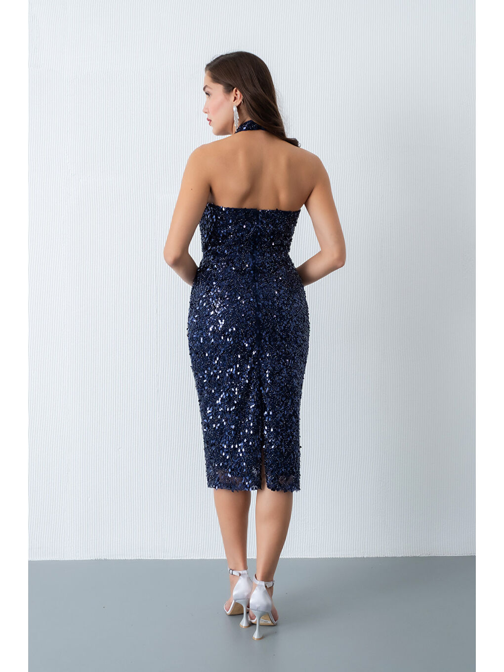 Kadın Lacivert Yaka Taş Detay Midi Abiye Elbise-4