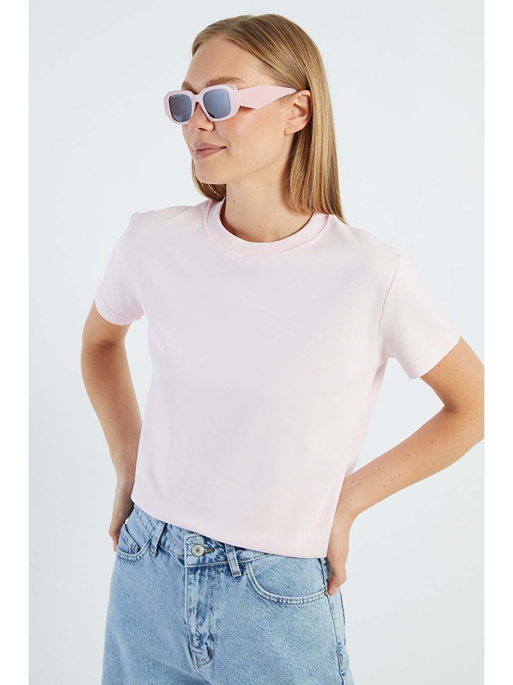 Pembe Basic Bisiklet Yaka Salaş Tişört-3