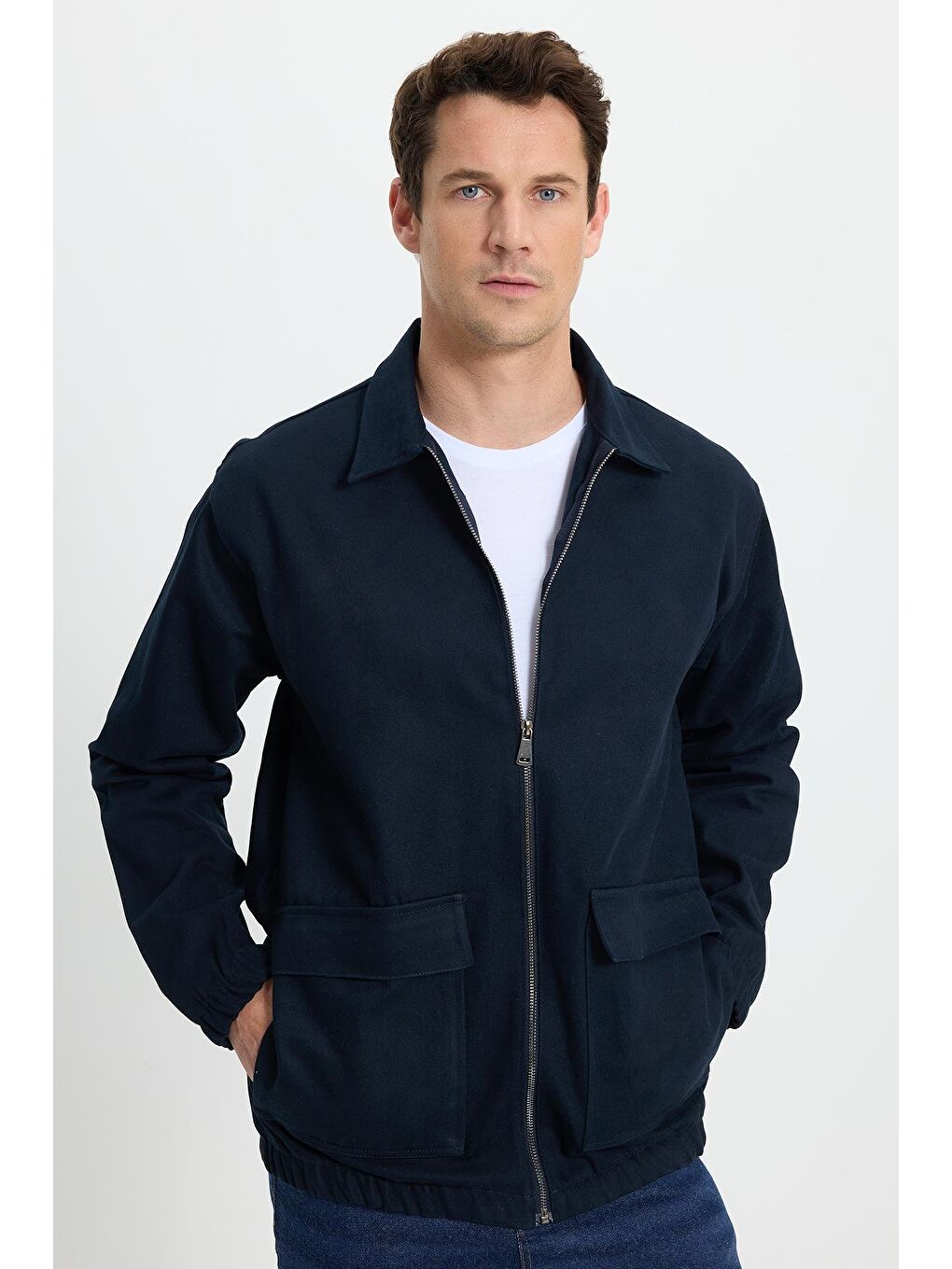 Erkek Relax Fit Rahat Kesim Çift Cep Kapaklı Fermuarlı Beli Lastikli Düz Lacivert Ceket