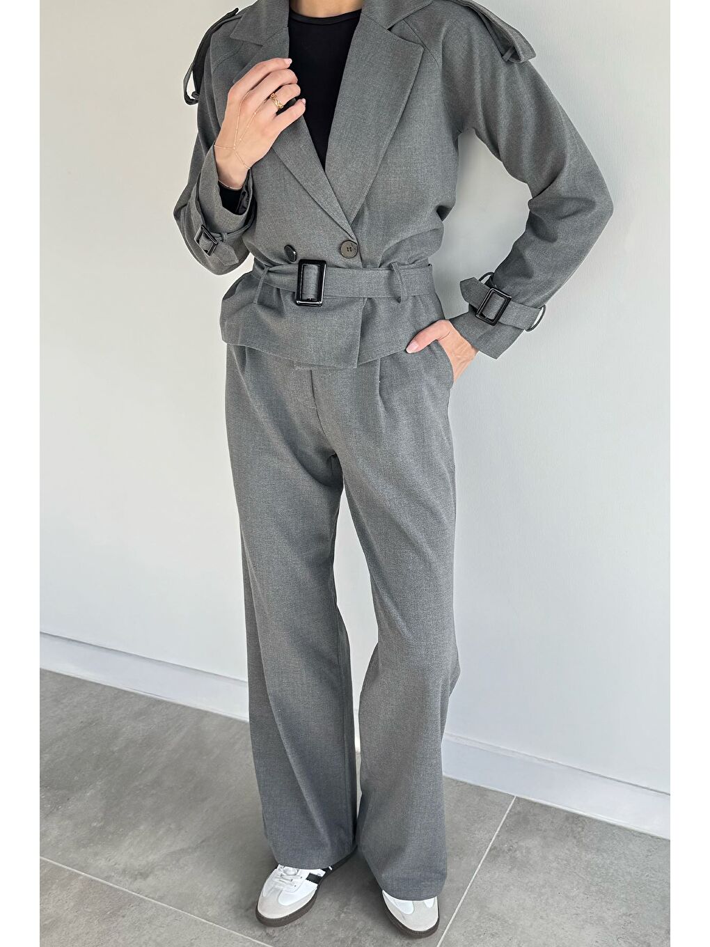 Gri Kadın Astarlı Kemer Detaylı Blazer Ceket Pantolon İkili Takım - S000482962-29351-3