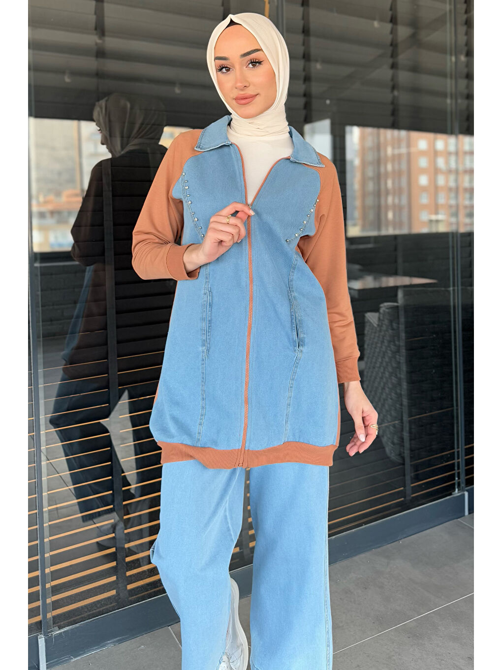 Ekru Kadın Jean Garnili Taşlı Tunik Pantolon Tesettür İkili Takım-3