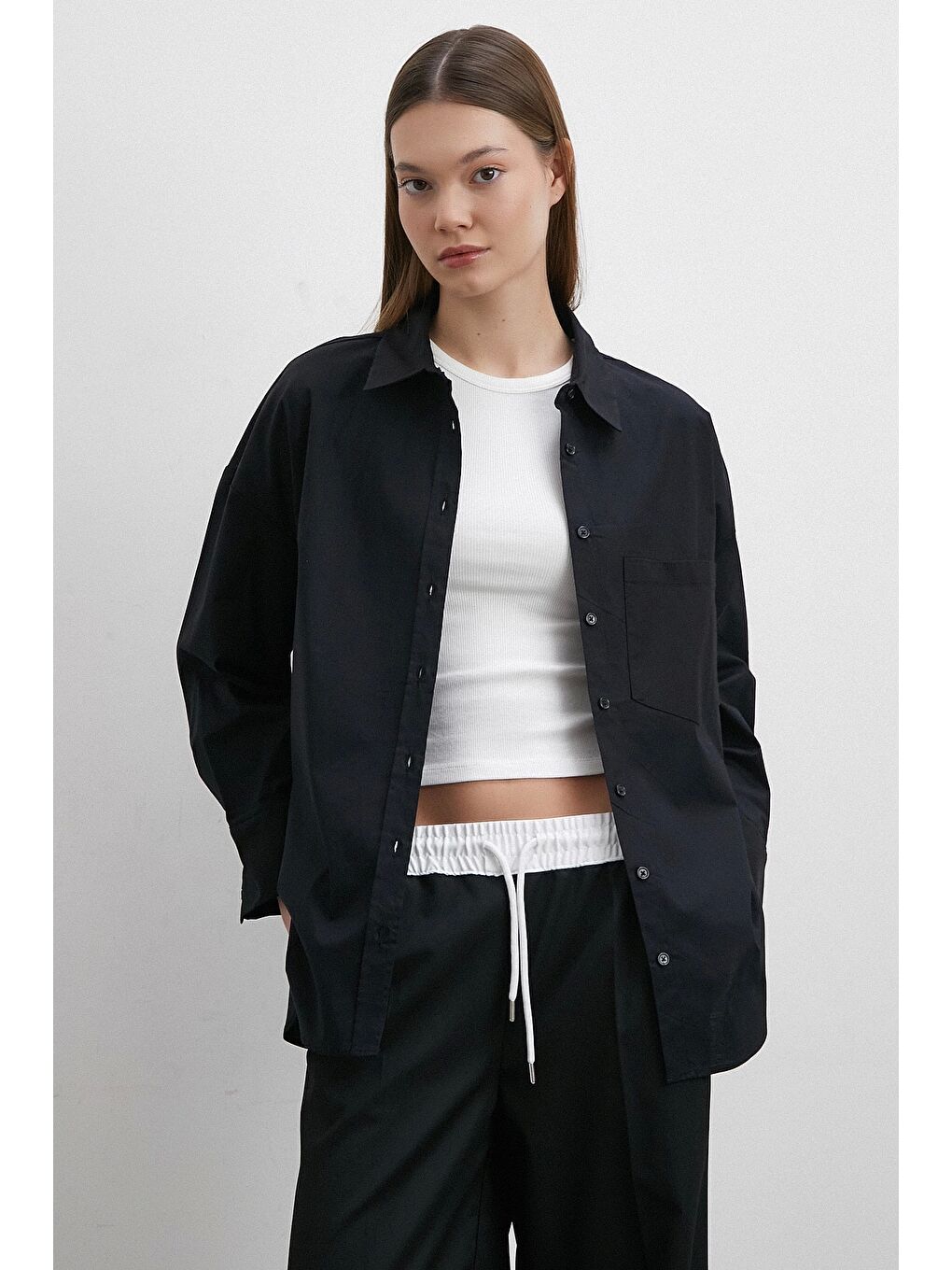 Elastanlı Poplin Gömlek Siyah-1