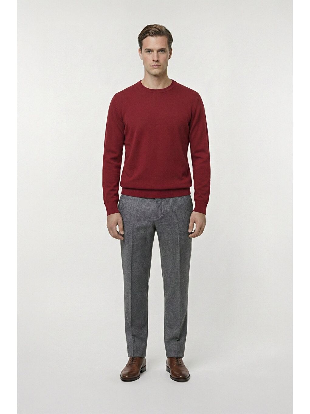 Kırmızı Standart Fit Yün Karışımlı Bisiklet Yaka Düz Erkek Triko Kazak-1