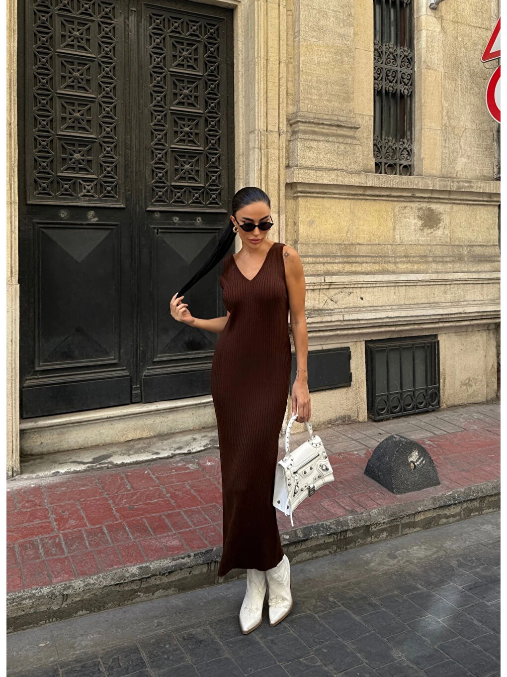 Kahverengi Ekose Desenli Kazak ve Elbise Triko Takım Kahve-1