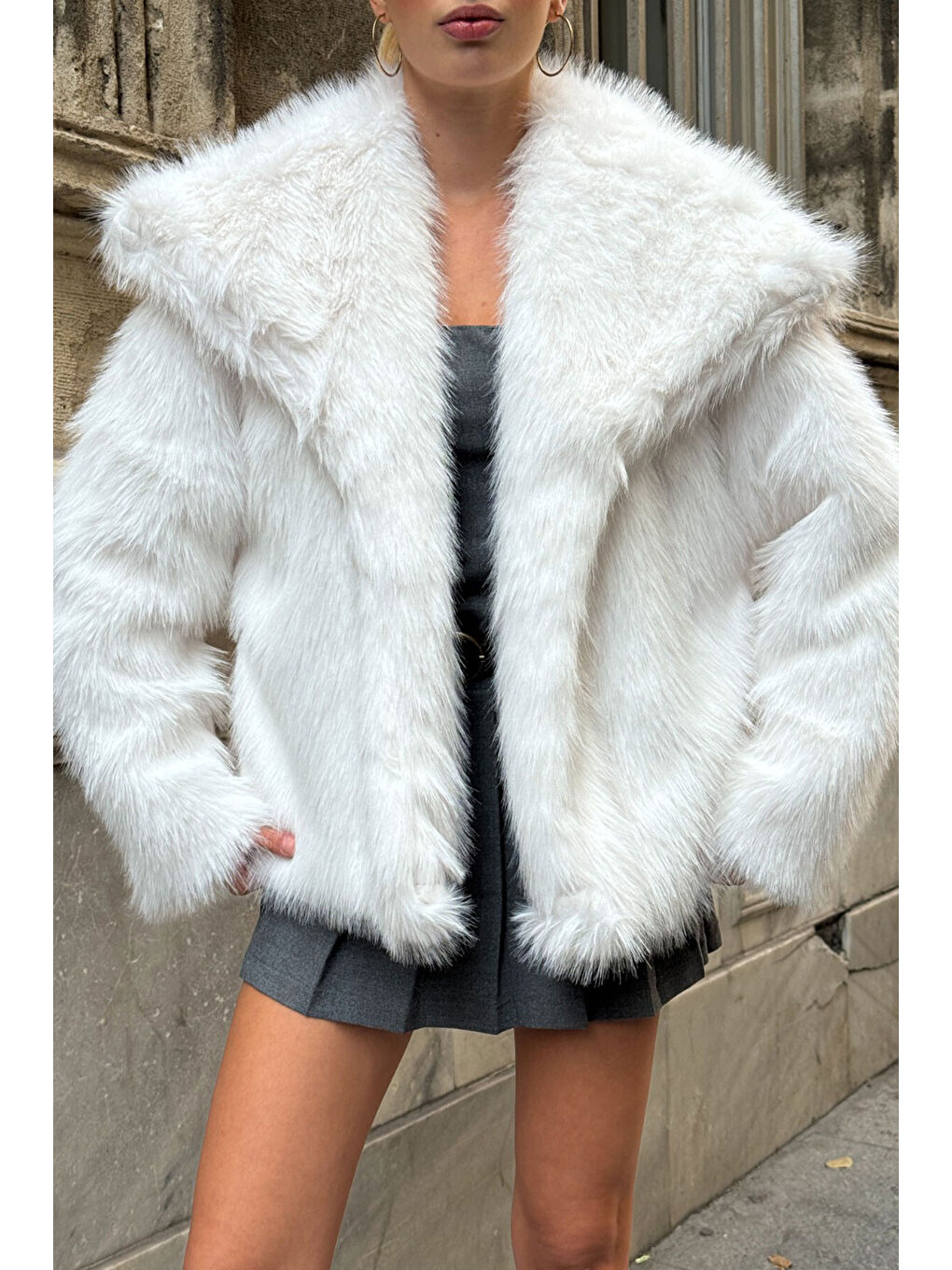 Beyaz Suni Kürk Premium Pelüş Ceket Ekru-2