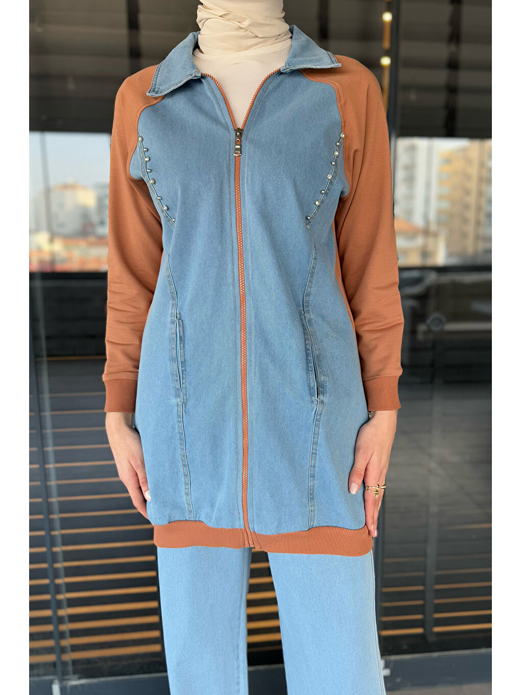 Ekru Kadın Jean Garnili Taşlı Tunik Pantolon Tesettür İkili Takım-5