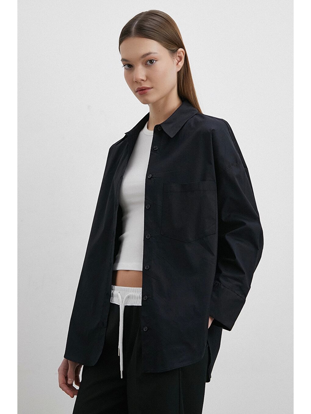 Elastanlı Poplin Gömlek Siyah-2