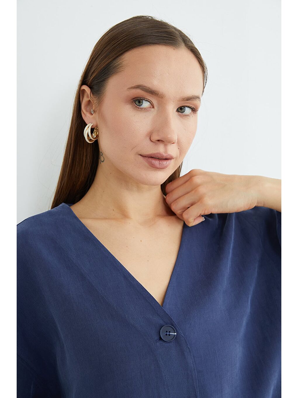 Lacivert Tek Düğmeli Lyocell Kumaş Oversize Ceket-4