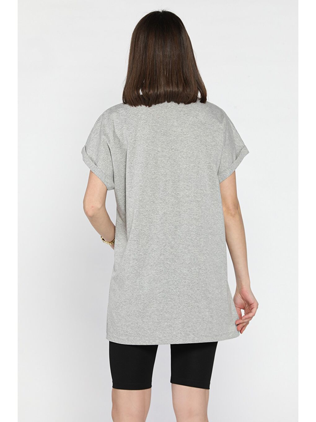 Gri Kol Katlamalı Bisiklet Yaka Kadın Uzun Tişört (m-l-xl Uyumludur)-2