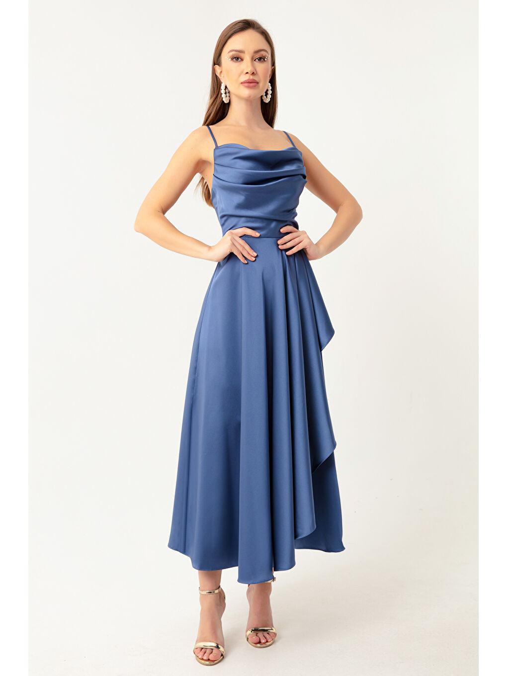 Kadın İndigo Volanlı Yırtmaçlı Saten Midi Boy Abiye & Mezuniyet Elbisesi-2