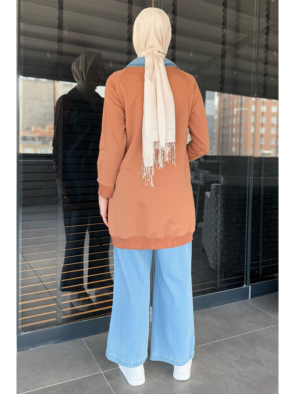 Ekru Kadın Jean Garnili Taşlı Tunik Pantolon Tesettür İkili Takım-7