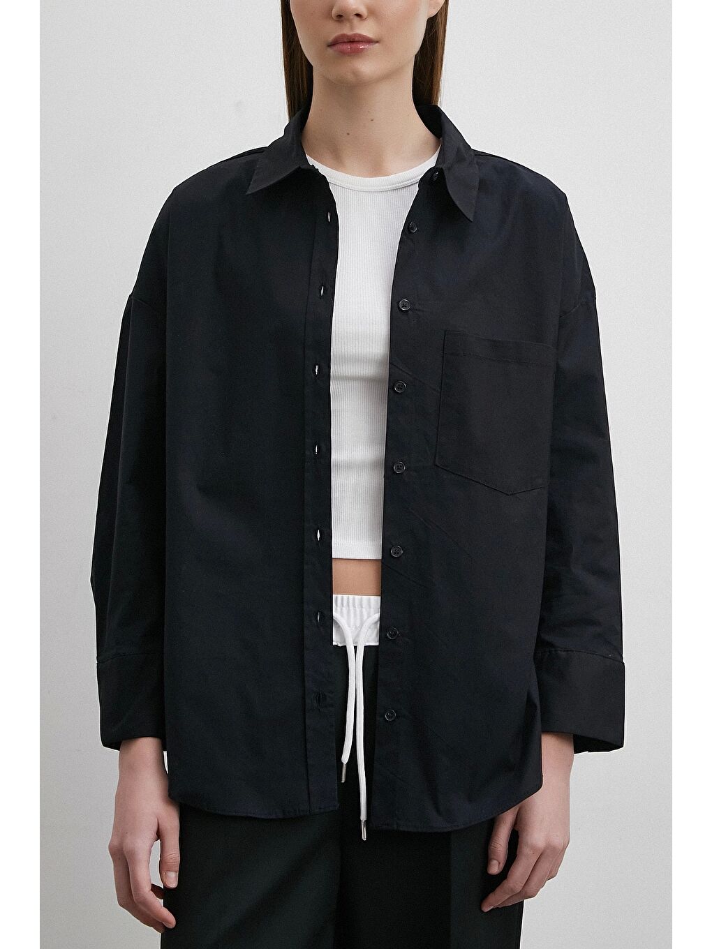 Elastanlı Poplin Gömlek Siyah-3