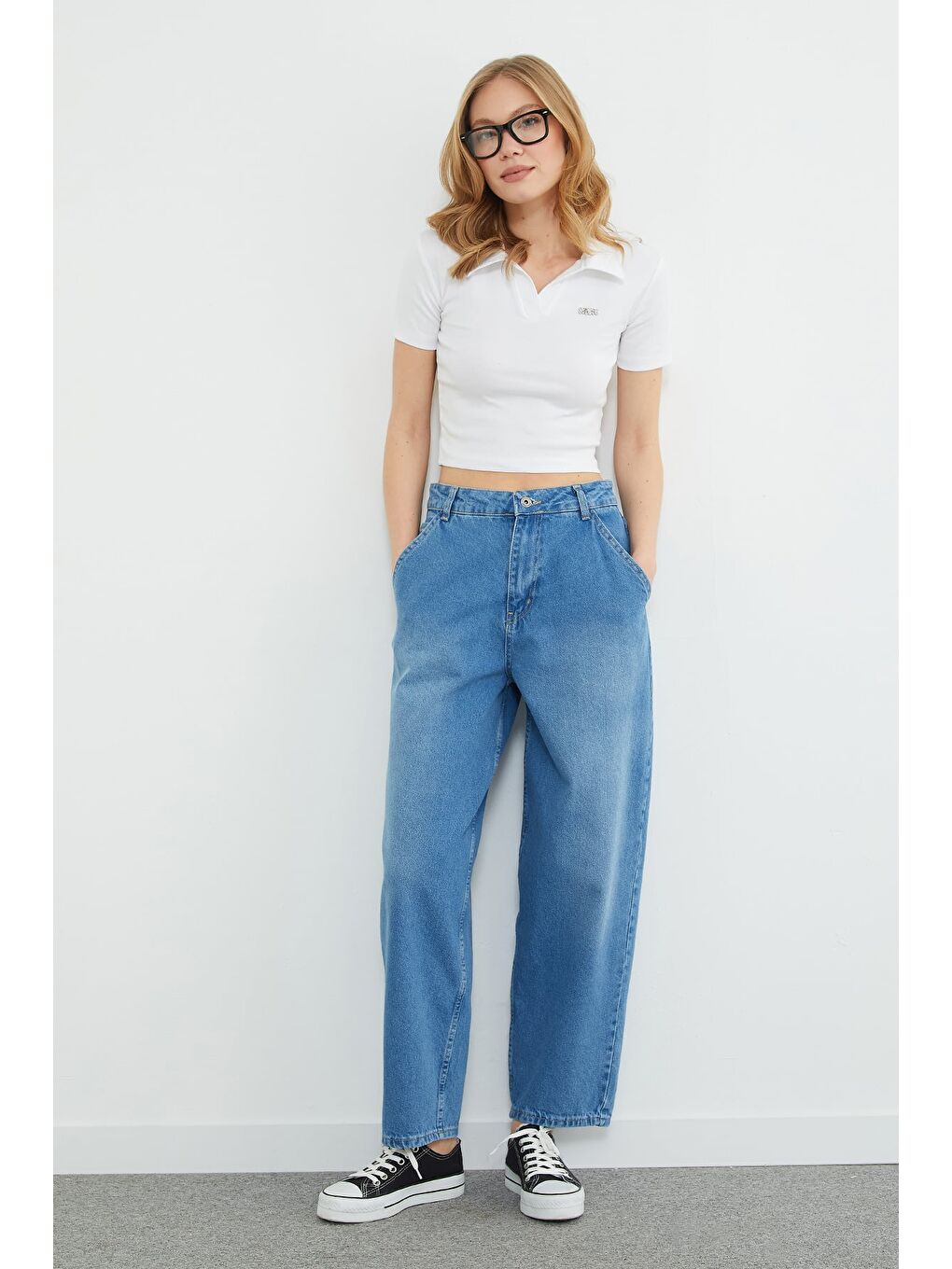 Mavi Yüksek Bel Şalvar Jean-2