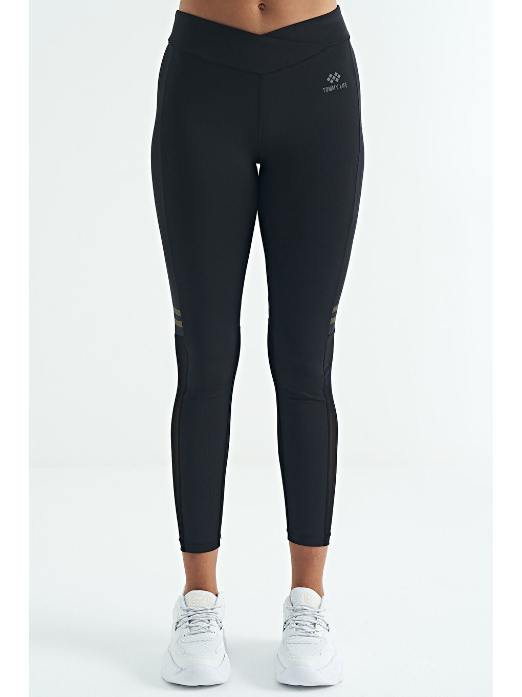 Siyah Renk Bloklu Fileli Yüksek Bel Slim Fit Dalgıç Kumaş Kadın Tayt - 94632-4