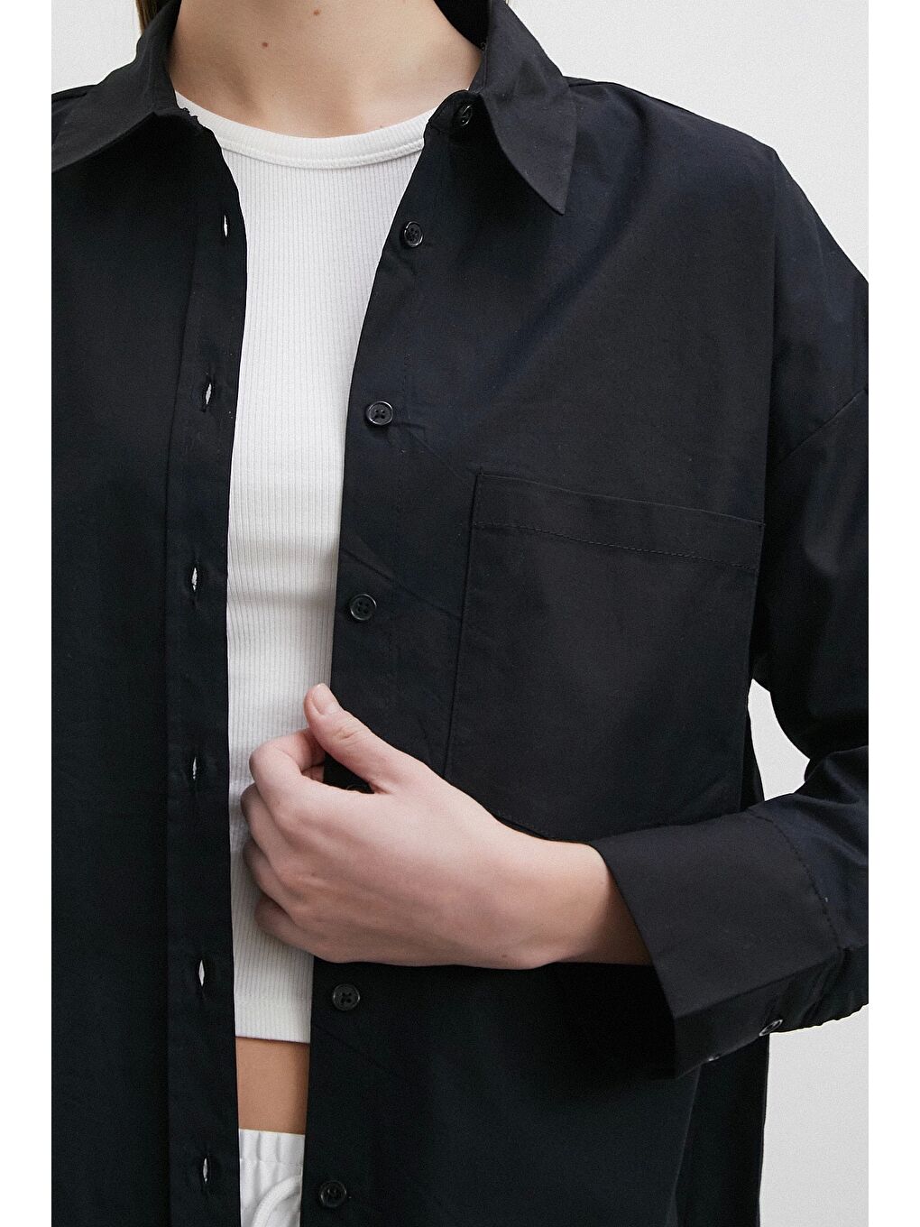 Elastanlı Poplin Gömlek Siyah-5