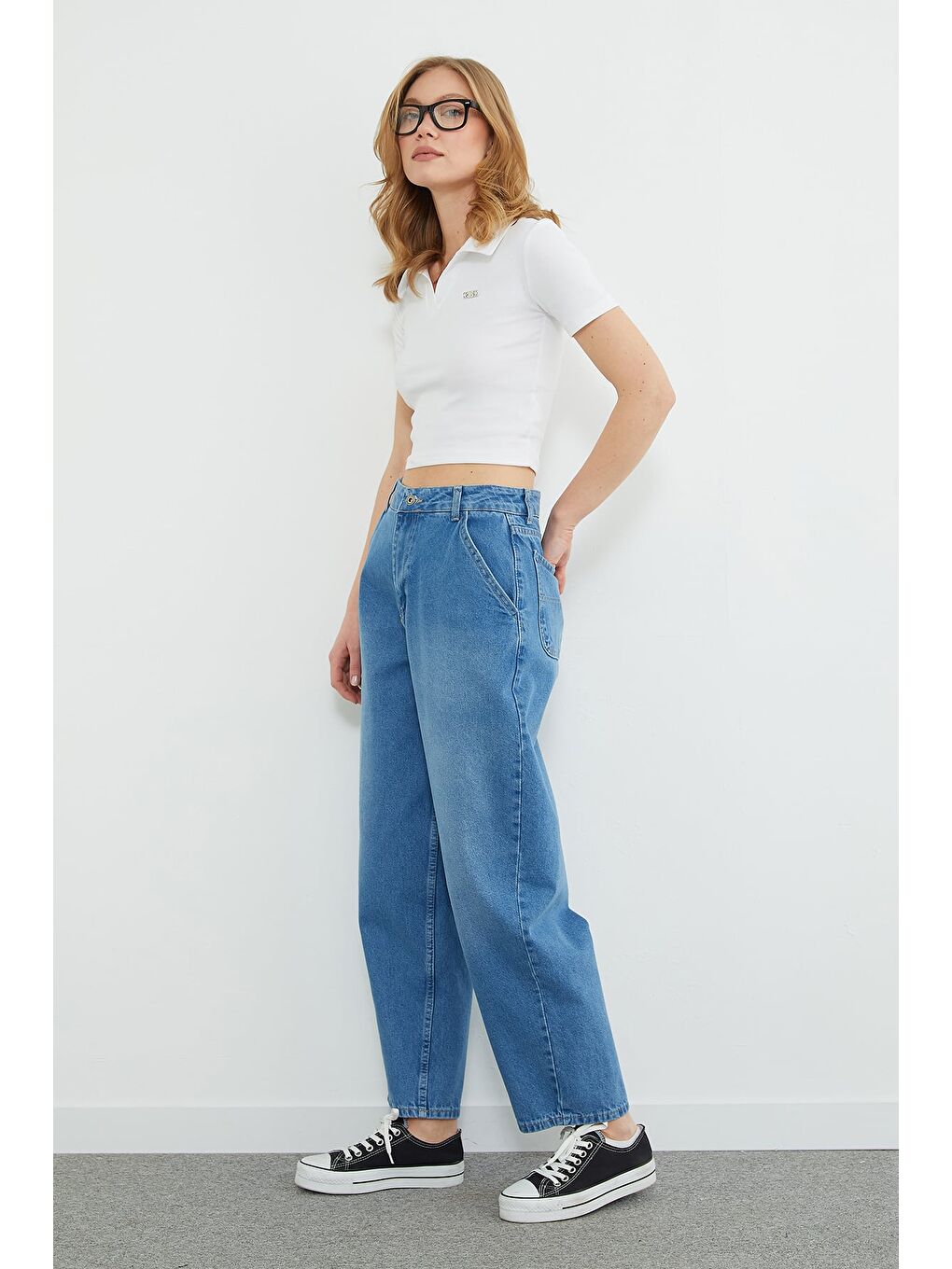 Mavi Yüksek Bel Şalvar Jean-3