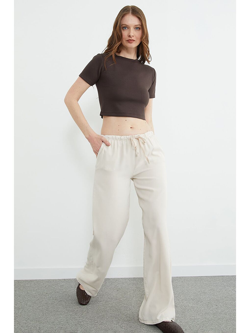 Bej Beli Bağlamalı Lyocell Kumaş Palazzo Pantolon-2