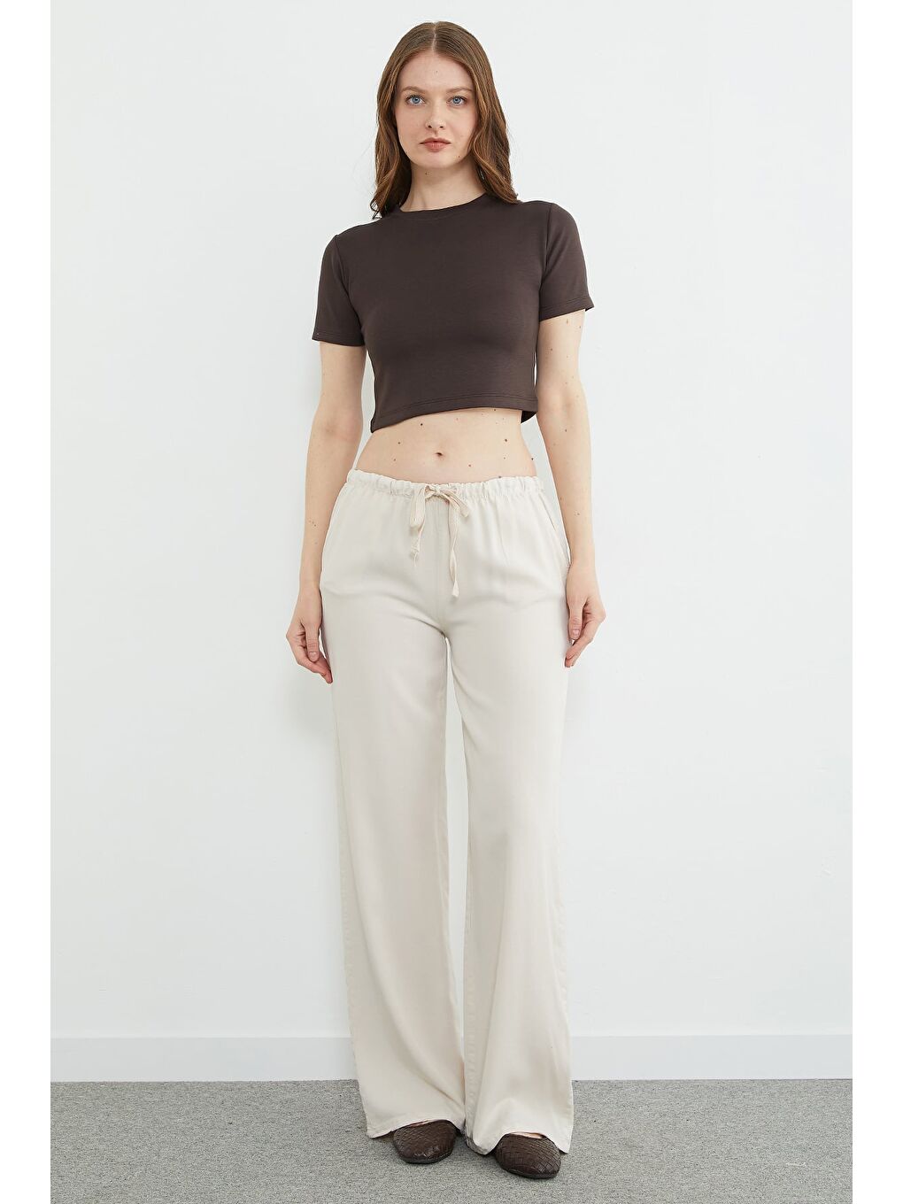 Bej Beli Bağlamalı Lyocell Kumaş Palazzo Pantolon-3