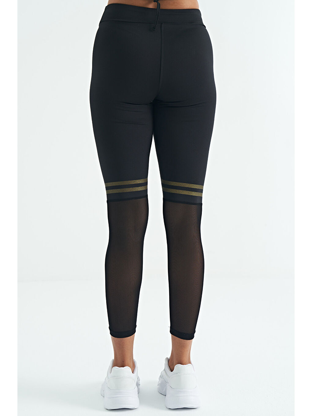 Siyah Renk Bloklu Fileli Yüksek Bel Slim Fit Dalgıç Kumaş Kadın Tayt - 94632-6