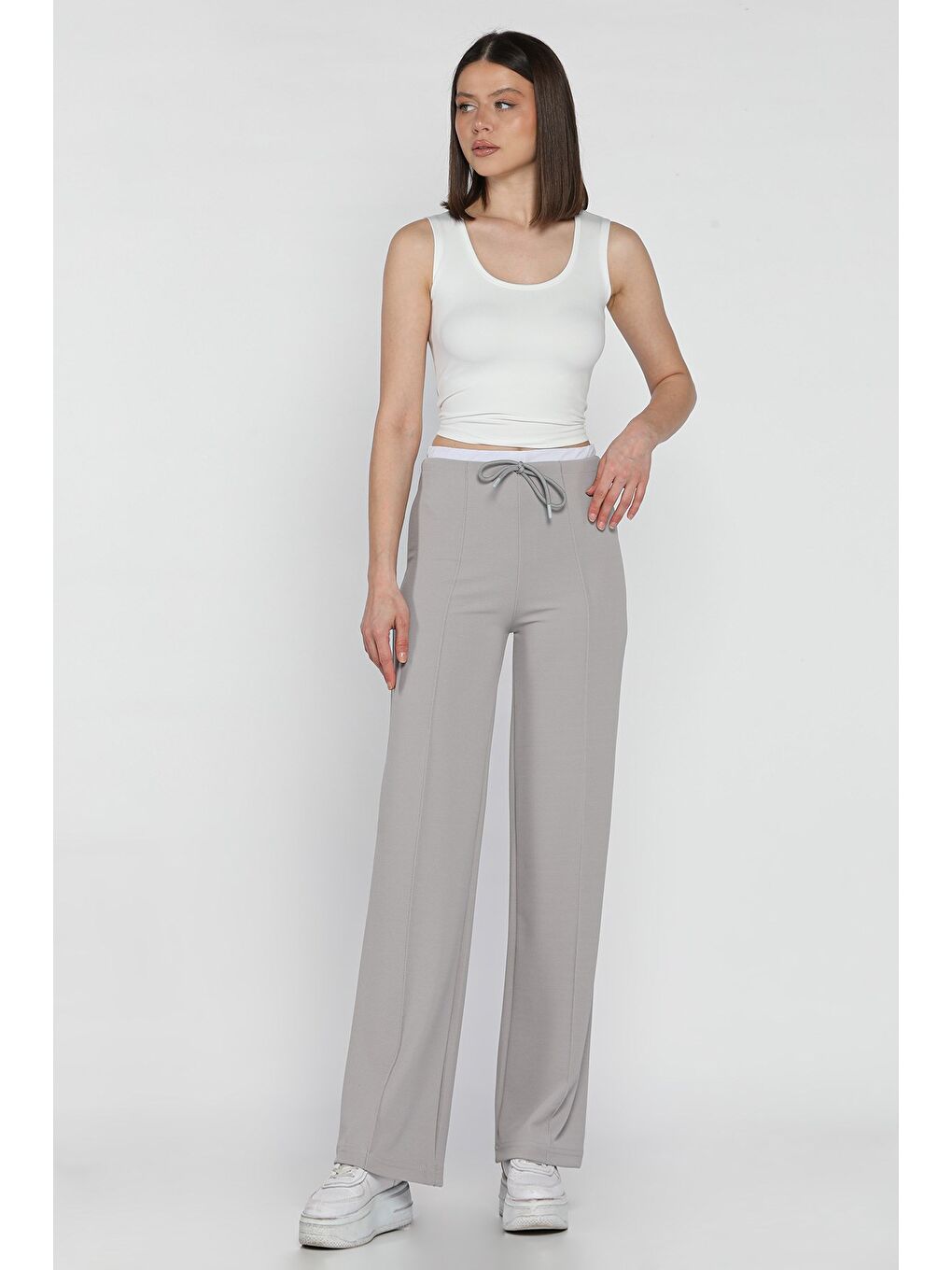 Gri Kadın Çimalı Yüksek Bel Palazzo Pantolon