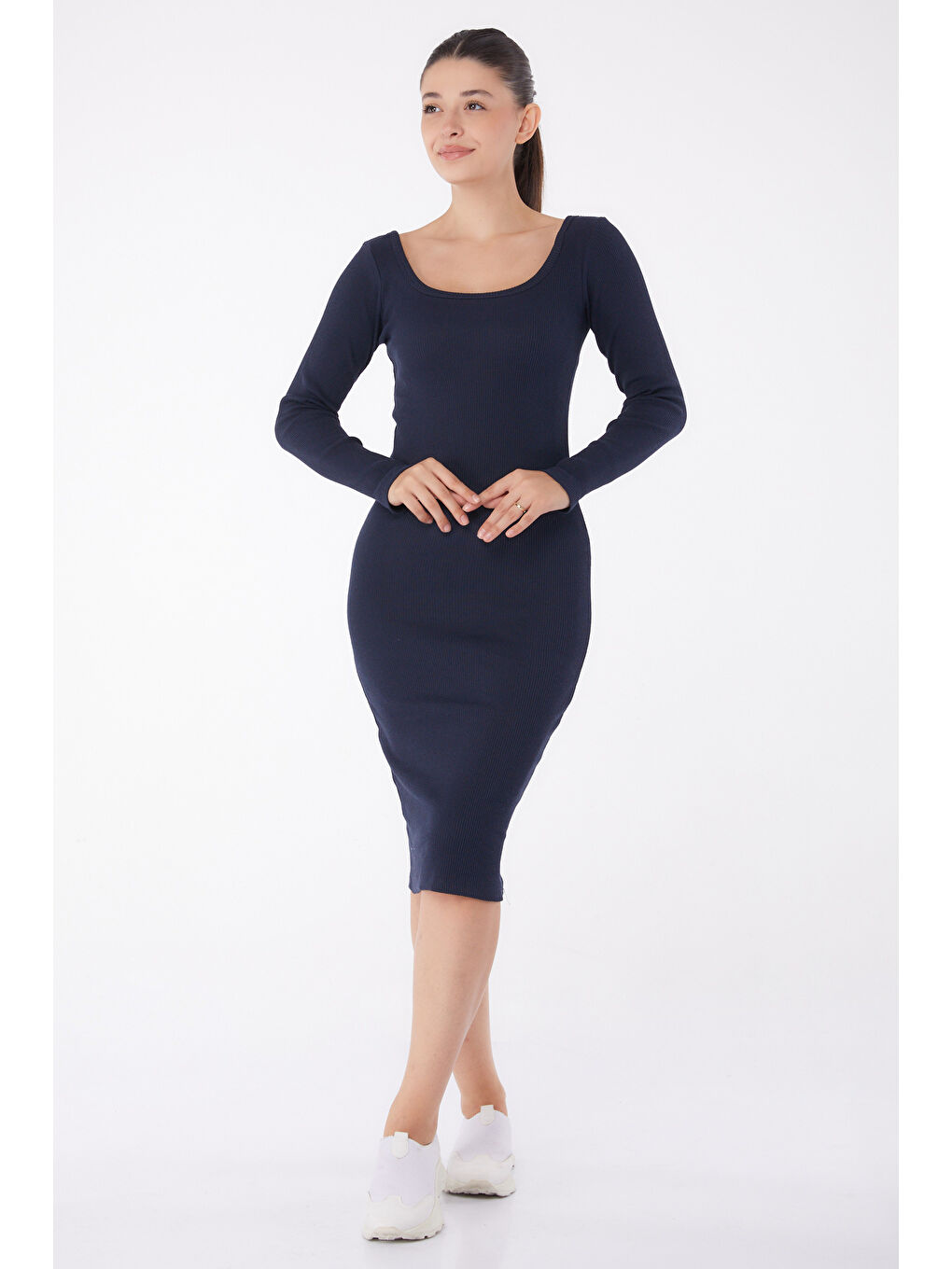 Havuz Yaka Midi Elbise Lacivert - 26125