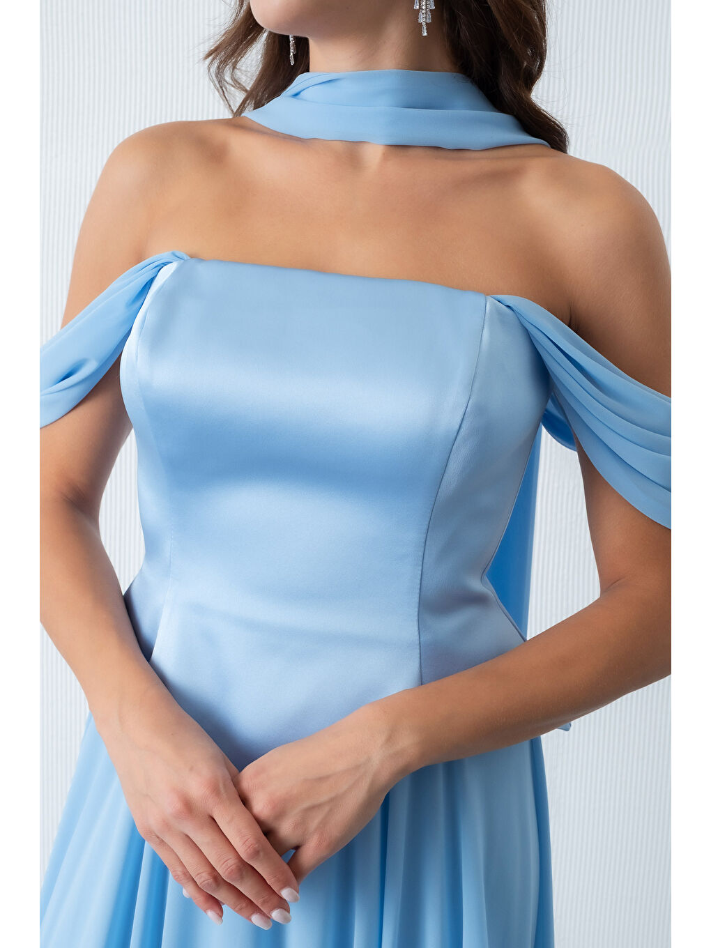 Kadın Bebe Mavi Şal Yaka Straplez Söz Nişan Abiye Elbise-1