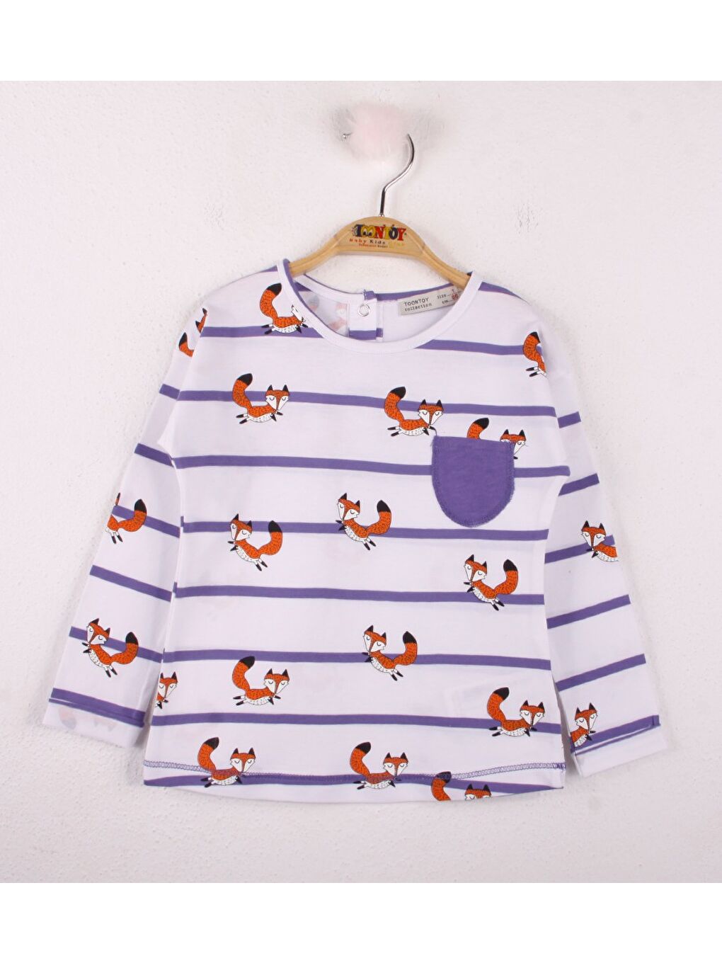 Mor Kız Bebek Tişört Çizgili Cepli Tilki Baskı